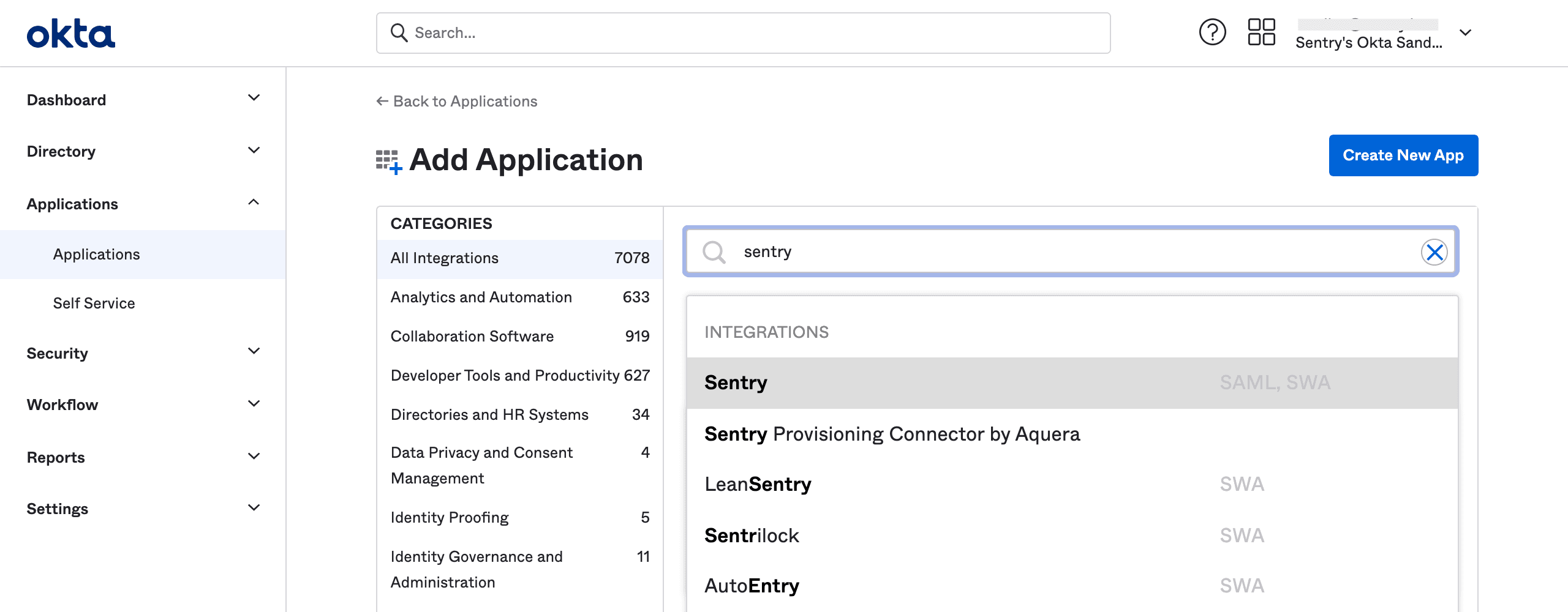 Sentry in Okta Gallery of Integrations